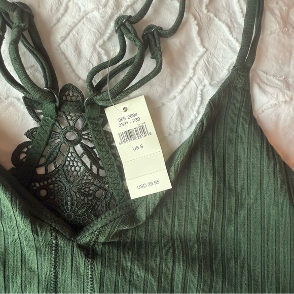 Aerie Army Green Crop Top Lace Detail Racerback Built in Bra - Picture 4 of 7